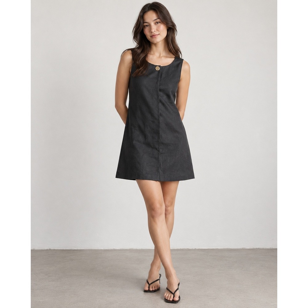 H&M Linen Blend Sleeveless Mini Dress Black Gold Button Detail XS